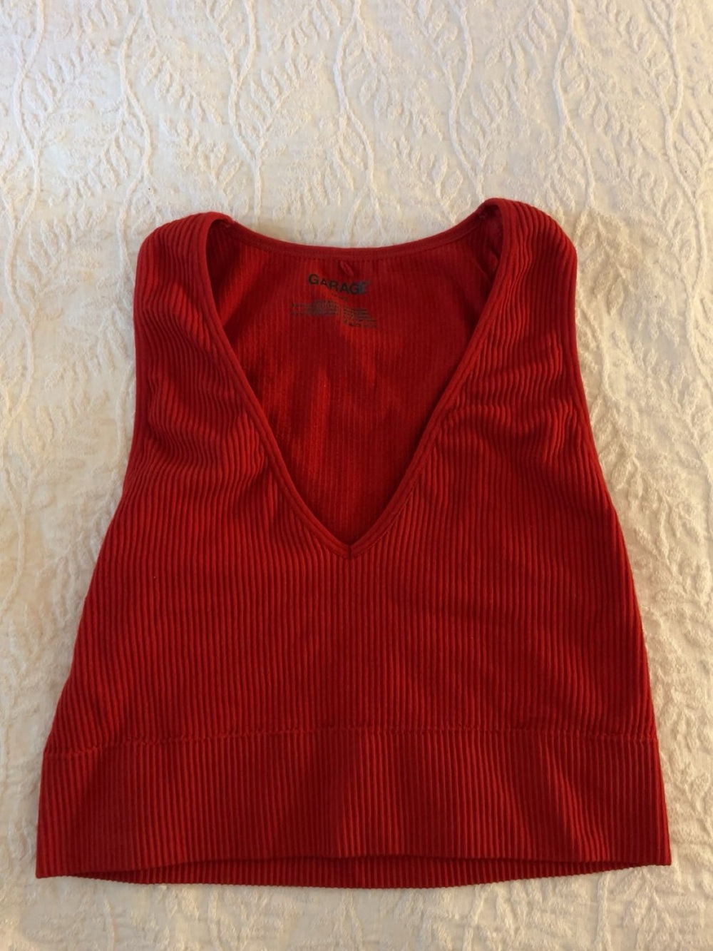 Garage Red Ribbed V-Neck Cropped Tank